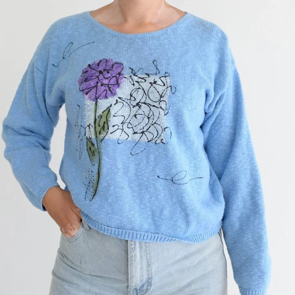 Vintage Victoria Blue with Purple  Floral Knit Scoop Neck Cropped Sweater S